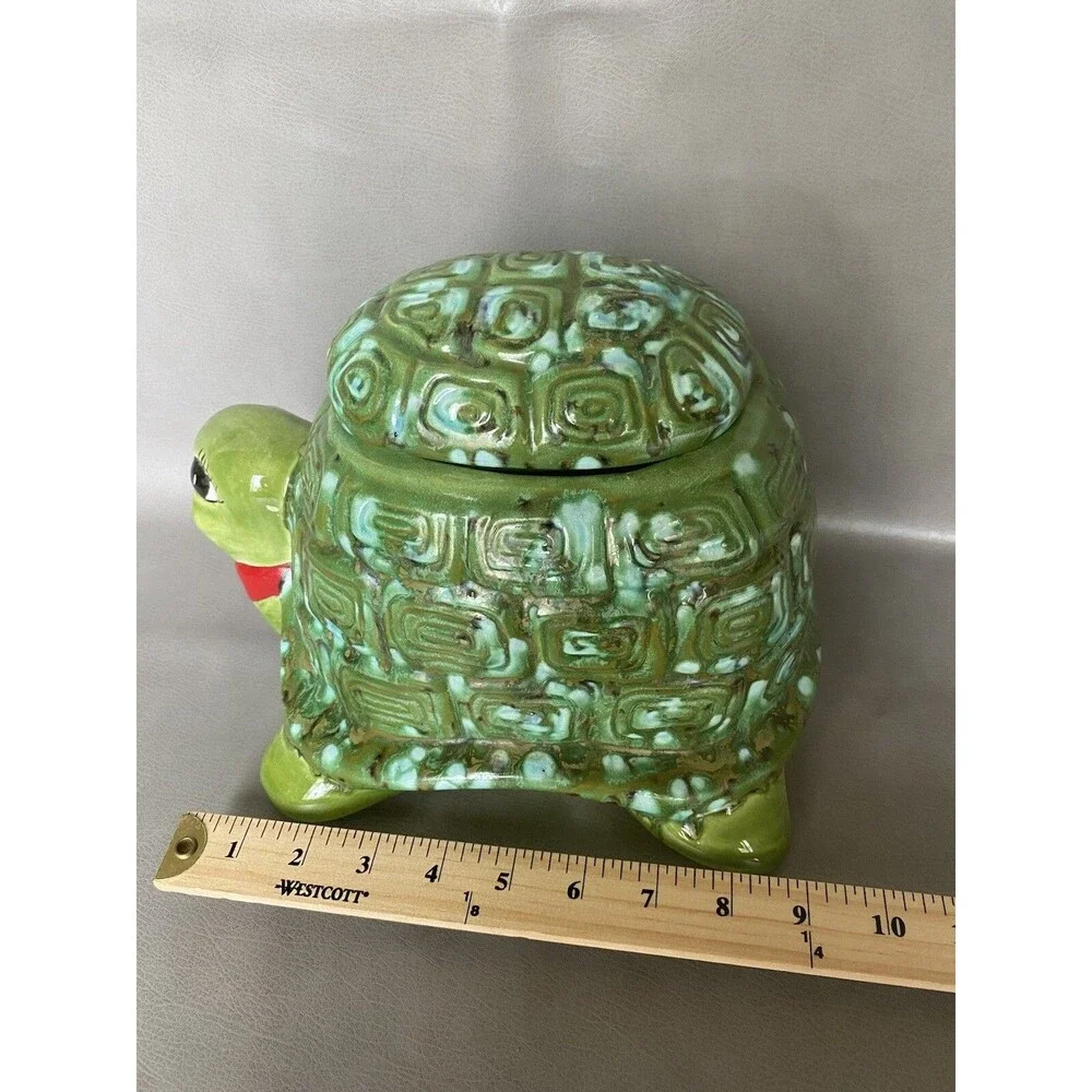 Vintage Ceramic Cookie Jar Tortoise Green Red Scarf Signed